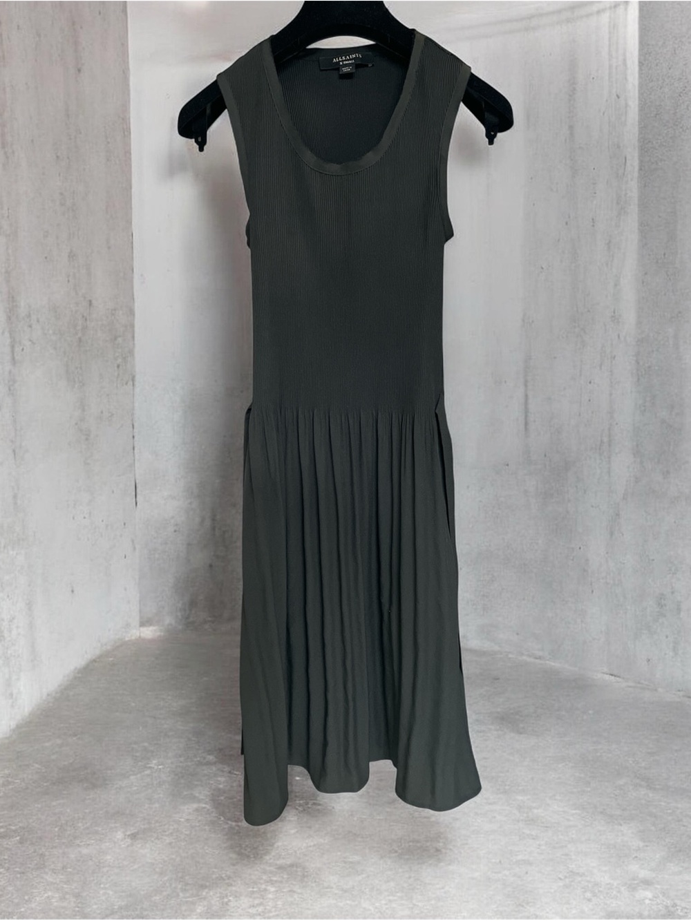 AllSaints Olive Green Sleeveless Pleated Mini Dress
